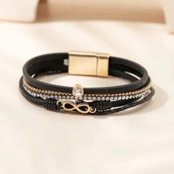 Bohemian Multilayer Black PU Leather Wrap Bracelet - Magnetic Clasp - Picture 1 of 3